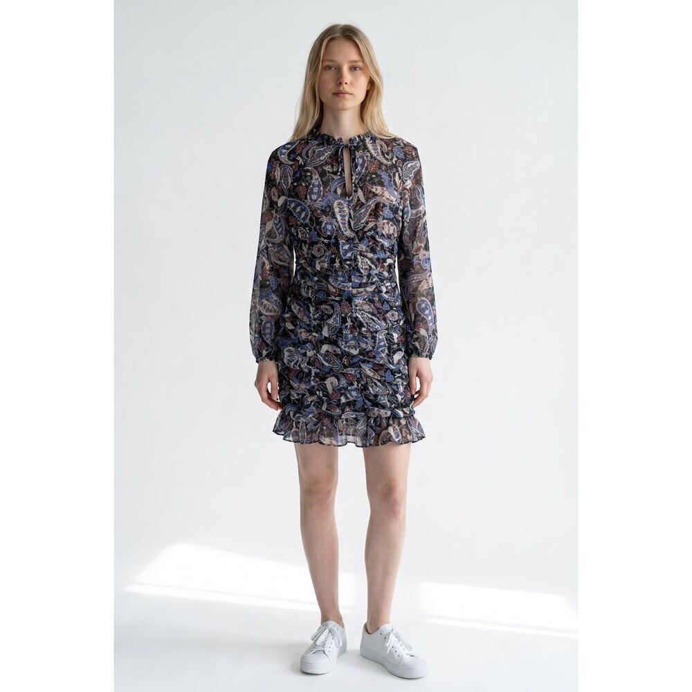 NWT Zara Paisley Print Long Sleeve Ruched Dress Black Multi L